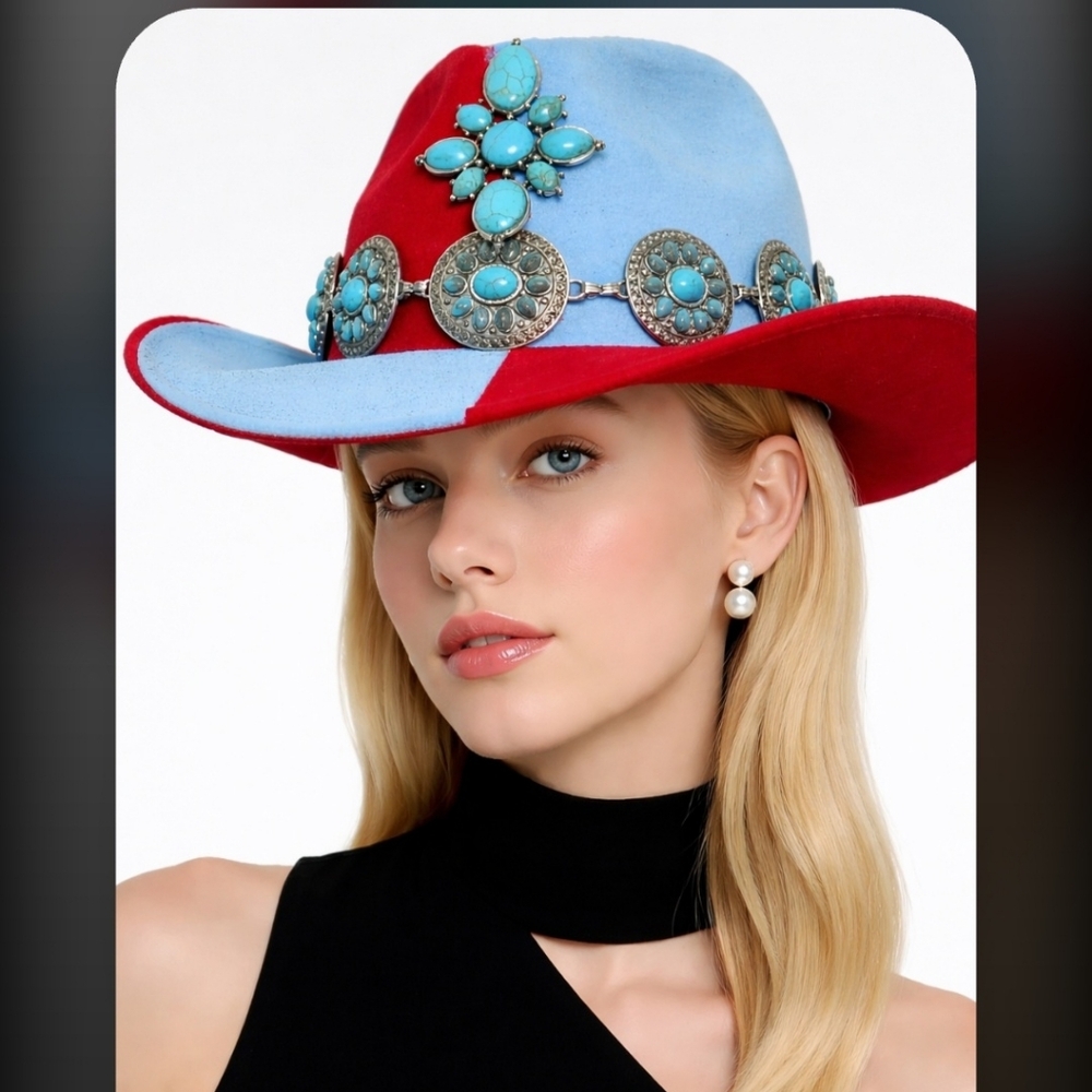 Turquoise Embellished Custom Red/Blue Cowboy Hat - It's FESTIVAL SEASON!!